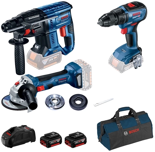 Bosch GBH 180-LI akkus fúró-vésőkalapács + GSR 18V-50 akkus fúró-csavarozó + GWS 180-Li akkus sarokcsiszoló termék fő termékképe